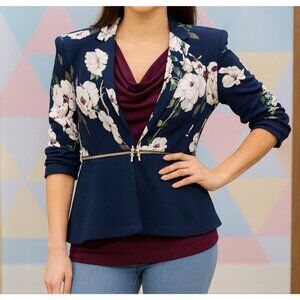 IMAN Navy Floral Peplum Zip Jacket Blazer M Global Chick Ponte Convertible